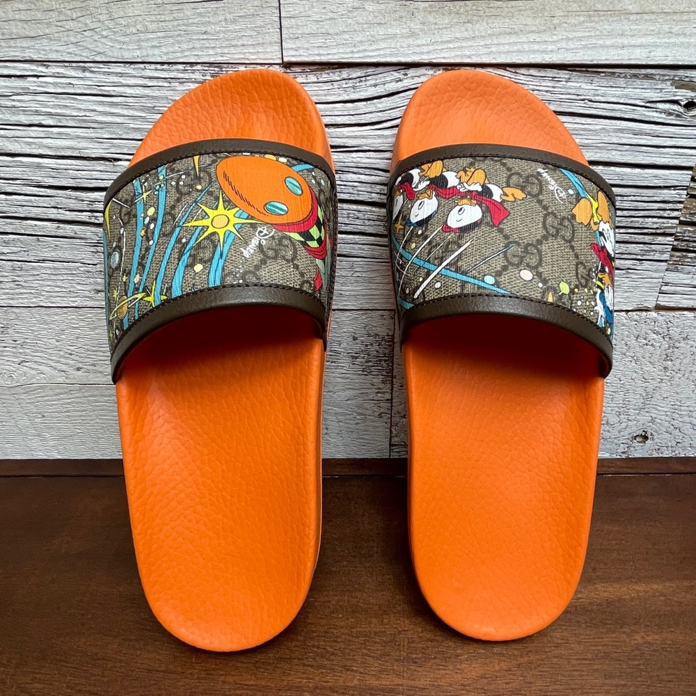 Gucci Donald Duck Beige Slide Disney GG Supreme Size 38 7.5 Sandal Orange 649655 - Picture 10 of 17